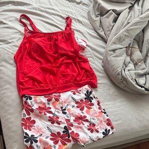 Red Floral Tankini Swim Set - Women's Two-Piece Swimwear